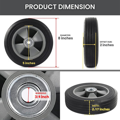 Product dimensions of Two Pack 8 Inch Flat Free Solid Rubber Wheel And Tire Assemblies for hand trucks and garden carts