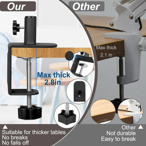 Clamp comparison showing max thickness for 12X 5 Inch Real Glass Magnifying Glass With LED Light And Stand, Long Swivel Arm Clamp Desk Lamp