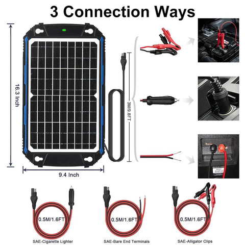 Waterproof 12W 12V Solar Battery Charger And Maintainer With UltraSmart MPPT Charge Controller For Cars Boats Marine RVs Trailers And Trickle Charging Applications showing connection ways and cable details