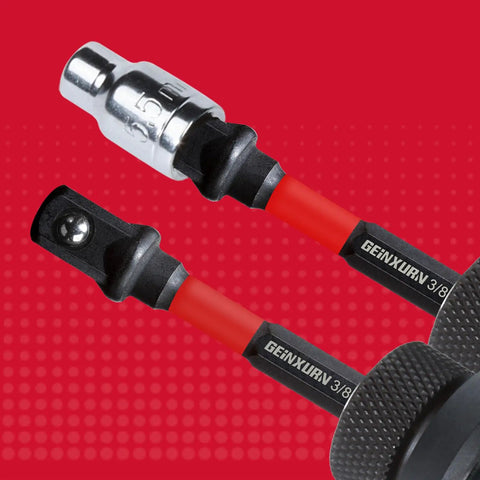 Close-up of Eight Piece Impact Socket Adapter Set For Three Eighths Inch Drive With Two And A Half Inch Extension, durable red and black design.