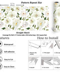 Peony Floral Wallpaper For Bedroom And Nursery, Vintage Watercolor Peel And Stick Mural showing pattern repeat and installation guide.