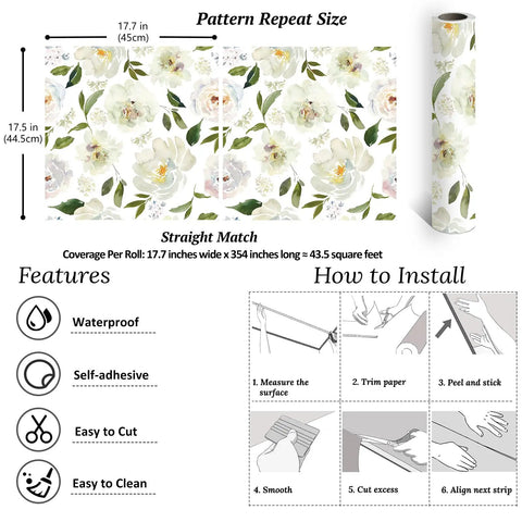 Peony Floral Wallpaper For Bedroom And Nursery, Vintage Watercolor Peel And Stick Mural showing pattern repeat and installation guide.
