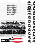 Premium 90 Plus One Plier Assortment Kit With Heavy Duty Vacuum Spring Fuel Hose Pipe Tube Clamps In Black For Various Sizes Including 10 13 17 19 And 21 Millimeters Perfect For Home Repair Or Auto Fix It Stuff Right Now, black fuel hose clamps in organizer with plier