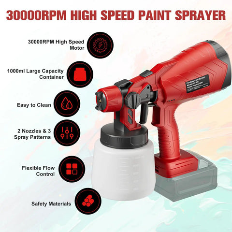 Cordless Paint Sprayer Featuring A Powerful Brushless Motor And Three Adjustable Patterns For Flawless Cabinet And Fence Finishing. A compact paint sprayer with 1000ml container.