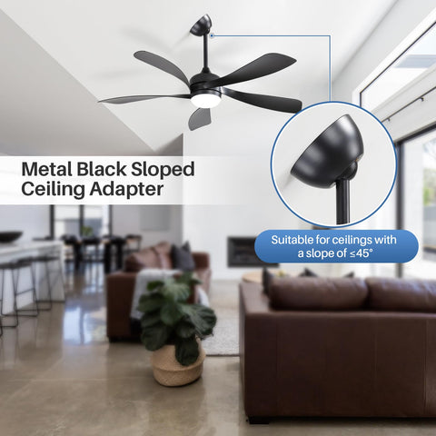 Living room with metal black sloped ceiling adapter and fan installed, suitable for ceilings with a slope of up to 45 degrees.