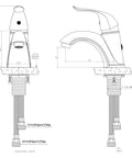 Technical drawing of RV Single Handle One Hole Bathroom Faucet in Brushed Satin Nickel Finish, side and front elevation views