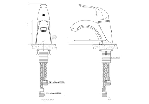Technical drawing of RV Single Handle One Hole Bathroom Faucet in Brushed Satin Nickel Finish, side and front elevation views