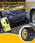 Power pressure washer O-rings kit with M22 threaded fitting and 1/4-inch quick connect fitting shown in use washing a car.