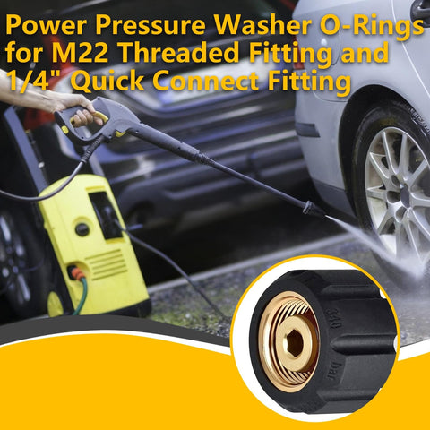 Power pressure washer O-rings kit with M22 threaded fitting and 1/4-inch quick connect fitting shown in use washing a car.