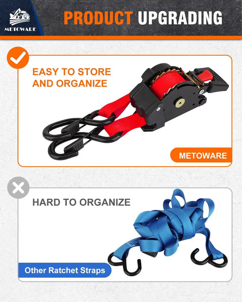 4 Pack Auto Retracting Ratchet Straps 1x10 Ft Self Roll Back System showing easy storage with red straps and hooks.