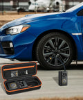 Universal Air Pump Case Storage Bag for cordless tire inflator shown open with accessories and pump in front of blue car