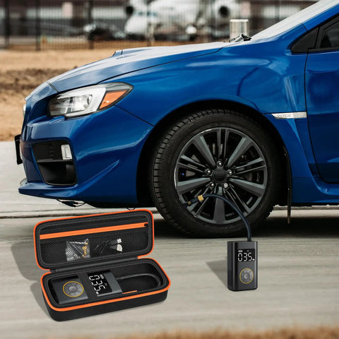 Universal Air Pump Case Storage Bag for cordless tire inflator shown open with accessories and pump in front of blue car