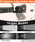 Rechargeable Underwater Diving Headlamp With 4 Modes IPX8 Waterproof Scuba Flashlight showing 90-degree adjustment and modes
