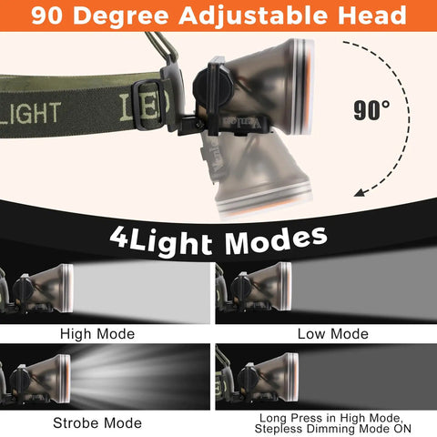 Rechargeable Underwater Diving Headlamp With 4 Modes IPX8 Waterproof Scuba Flashlight showing 90-degree adjustment and modes