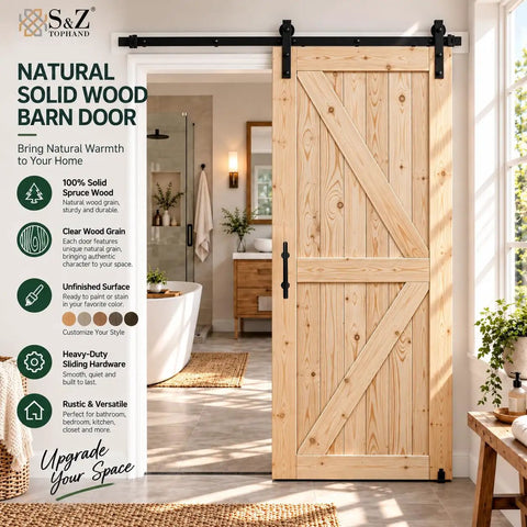 Unfinished 42 Inch by 84 Inch British Brace Knotty Barn Door with Double Sided Finish Made of Solid Canadian Spruce Includes Sliding Hardware Kit for the Flex to Stain or Paint and Effortless Assembly for Smooth Operation Results in a modern bathroom.