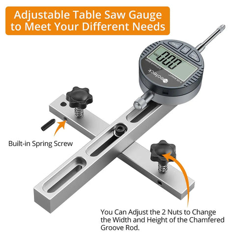 Digital Dial Indicator Table Saw Gauge with adjustable nuts and chamfered groove rod for precision alignment