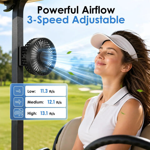 Magnetic Base Golf Cart Portable Fan, Rechargeable Battery Powered, 3 Speeds for Strong Airflow, Cool Driving Accessory