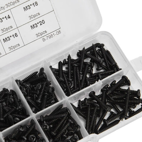 300 Pcs Self Tapping Screws Cross Pan Head Set In Carbon Steel M3 Black With Sturdy Storage Box, home repair kit detail view