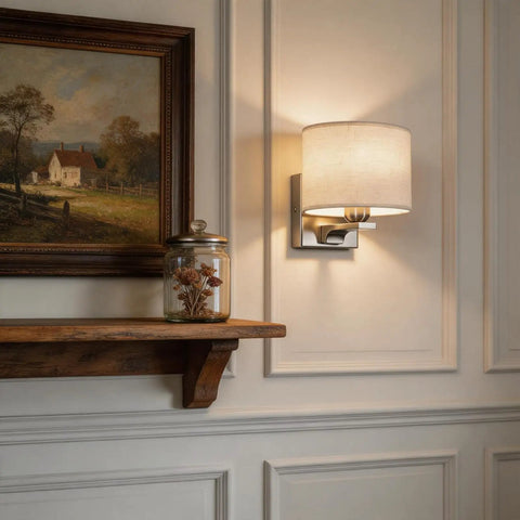 Edwarmlux Indoor Wall Sconces, Brushed Nickel, 1 Pack, E26 Bulbs Excluded, displayed beside a wooden shelf and painting.