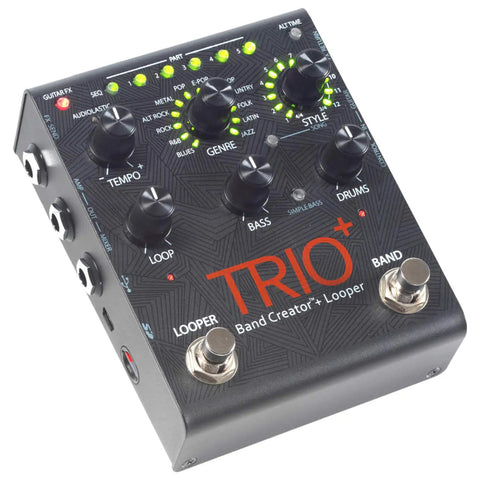 Trio Plus Band Creator Looper Pedal with FS3X Footswitch, displaying knobs for tempo, genre, and style controls.