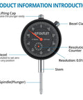 Dial Indicator With Magnetic Base For Home Shop Use 0 To 1 Inch Range 0.001 Inch Readout features labeled parts
