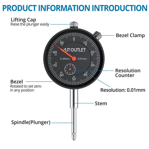 Dial Indicator With Magnetic Base For Home Shop Use 0 To 1 Inch Range 0.001 Inch Readout features labeled parts