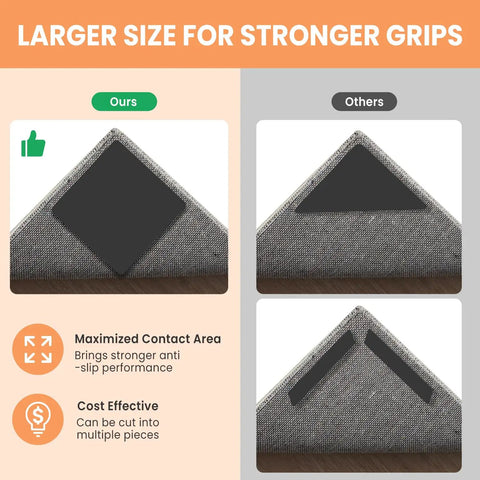 Comparison of No Slip Rug Corner Grips 4 Pcs For Hardwood Floors And Tile showing larger adhesive patch enhancing grip.