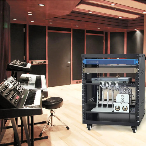 12U AV Rack Cabinet on Casters for Studio Gear, Heavy Duty 19 Inch Rack Mount in music studio setting with instruments