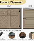 Interior and exterior dimensions of Spacious Outdoor Storage Shed Resin Cabinet With 48 Cu Ft Capacity For Patio Accessories Trash Cans And Garden Tools Durable Weather Resistant With Lockable Lid And Easy Access