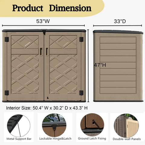 Interior and exterior dimensions of Spacious Outdoor Storage Shed Resin Cabinet With 48 Cu Ft Capacity For Patio Accessories Trash Cans And Garden Tools Durable Weather Resistant With Lockable Lid And Easy Access