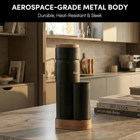 Wirsh Geimori T38 Plus Portable Electric Burr Coffee Grinder With Stepless Conical Burrs for Espresso, showcasing sleek metal body.