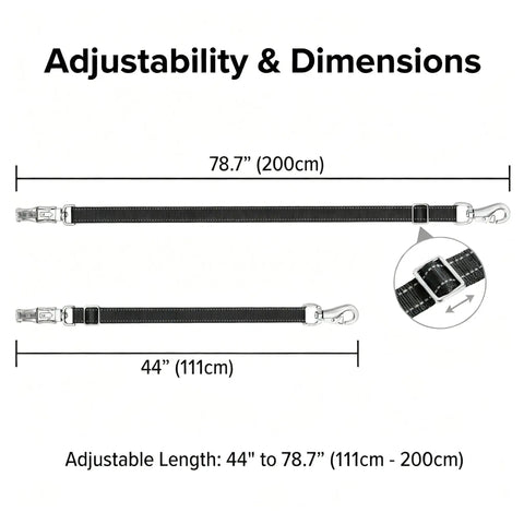 Heavy Duty Reflective Cross Ties 44 to 78 inches with panic snap, showing adjustable dimensions and swivel buckle detail