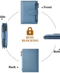 Views of a Compact Everyday Wallet For Women With RFID Blocking Soft Cowhide Leather Bifold Card Holder Slim Yet Roomy Zipper Coin Pocket.