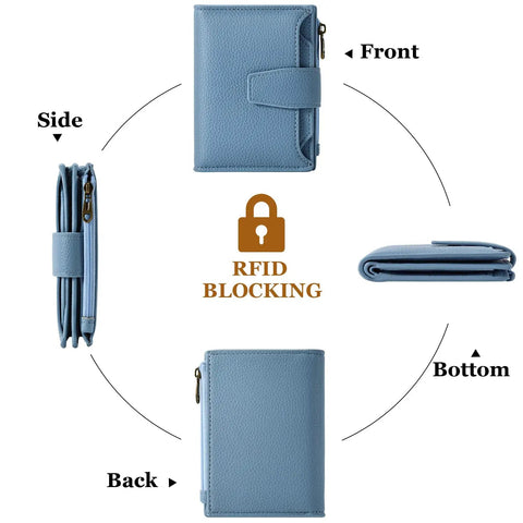 Views of a Compact Everyday Wallet For Women With RFID Blocking Soft Cowhide Leather Bifold Card Holder Slim Yet Roomy Zipper Coin Pocket.