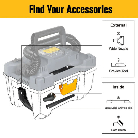 20V Cordless Wet Dry Shop Vacuum Cleaner, 2.6 Gallon Capacity, Bare Tool With No Battery And Charger, accessory diagram