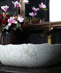 USZWBY Vessel Sinks Vessel Sink Square Vintage Hand Carved Lotus Pattern Countertop Ceramic Bathroom Art Basin Bathroom Bowl Sink with floral decor.