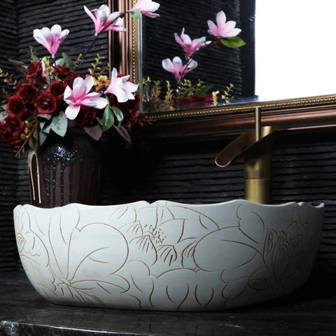 USZWBY Vessel Sinks Vessel Sink Square Vintage Hand Carved Lotus Pattern Countertop Ceramic Bathroom Art Basin Bathroom Bowl Sink with floral decor.
