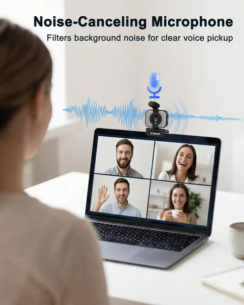 Pro Grade 2K Webcam For Pcs Featuring Warm Led Ring And Punchy Dual Mic Plus Handy Privacy Slider For Daily Work From Home Hustle And Butter Smooth Calls With Zero Hassle Setup Every Single Time You Log On showing a clear video call with noise-canceling mic.