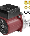 Heavy Duty 304 Stainless Steel Hot Water Recirculating Pump With Three Speed Settings And Full Copper Coil, close-up view showing connectors.