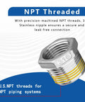 316 stainless steel hex bushing reducer, 3/4 NPT male to 1/4 NPT female pipe fitting - angled side view