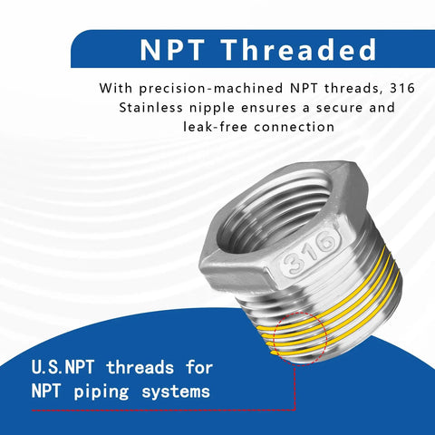 Stainless Steel Hex Bushing Reducer Half To Three Eighths NPT Male To Female Pipe Fitting Adapter with precision NPT threads