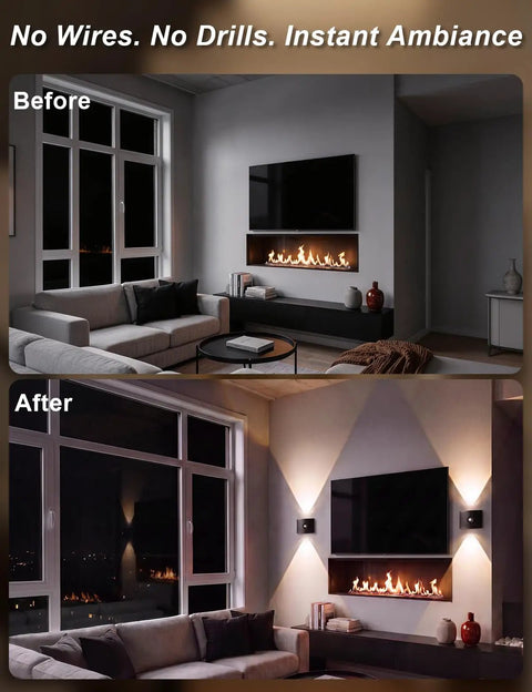 DEXULESA 2 Pack Motion Sensor Wall Light Magnetic Rechargeable Wall Sconce enhancing living room ambiance before and after.
