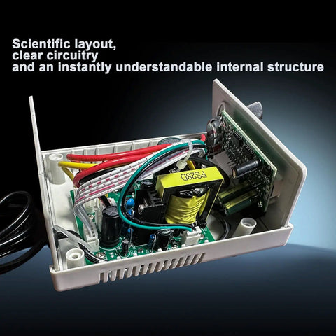 Open view of Continuously Adjustable DC Power Supply 1.5V to 15V Regulated Bench Supply, 2A Max, LED Display, showing internal components.