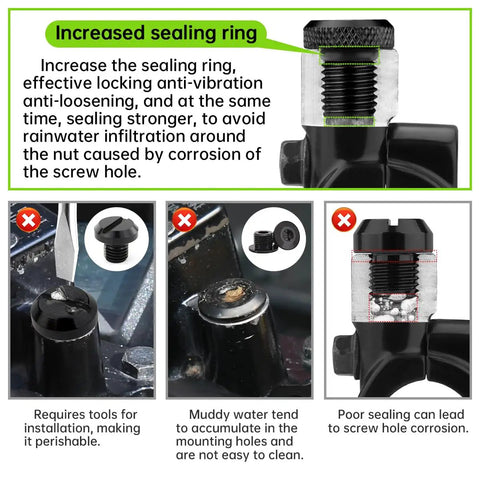 Increased sealing ring for M10 threaded plugs to prevent corrosion and vibration in 3 Pack Universal Motorcycle Mirror Hole Plugs M10 Thread Tough As Nails Aluminum Handlebar End Caps For Custom Biker Rides And Dope Custom Looks In Matte Black.
