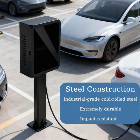Heavy Duty Exterior Ev Charger Lock Box With Secure Key Guard Waterproof Outdoor Station Cover Tough As Nails Protection For All Electric Rides And Juice Setup displayed in a parking lot with steel construction.