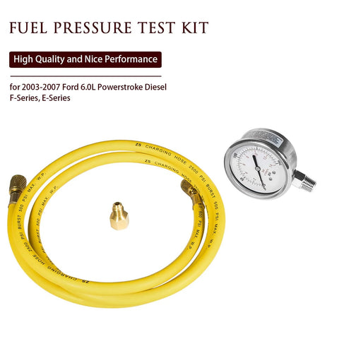 Fuel pressure test kit with yellow hose and gauge for Ford 2003–2007 6.0L Powerstroke Diesel.
