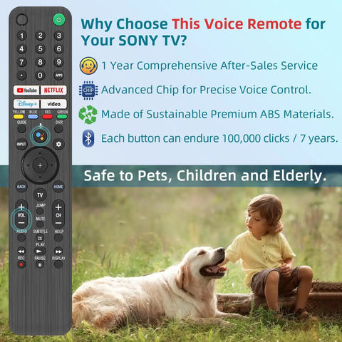 TV Remote Replacement For All 2019 2026 Bravia Smart TVs With Voice Control No Fuss Setup Works With XR XBR KD And K Series Google Android TVs Replaces RMF TX520U 500U 800U 810U 811U 820U 900U 910U 920U 1 Year Warranty beside child and dog