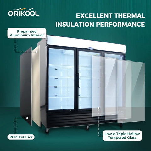 Straight Fire Commercial Display Freezer With Three Glass Doors And Seventy Cubic Feet Storage showing prepainted aluminum and low-e triple glass.