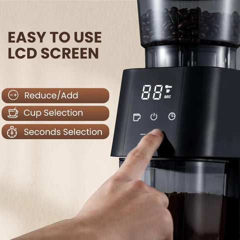 Ollygrin Electric Conical Burr Coffee Grinder With 30 Precise Grind Settings For Espresso Drip And French Press Compact Burr Mill featuring easy-to-use LCD screen.