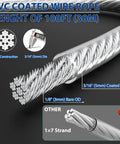 Close-up of Three Sixteenth Inch Wire Rope Clips Kit With One Hundred Feet PVC Coated Galvanized Steel Cable Featuring Seven By Seven Strand Core showing wire details and dimensions.